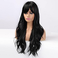 Piaou Black Wig With Bangs Long Black Wigs For Women Synthetic Wavy Wigs With Bangs Natural Color Heat Resistant Fiber Daily Cos