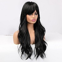 Piaou Black Wig With Bangs Long Black Wigs For Women Synthetic Wavy Wigs With Bangs Natural Color Heat Resistant Fiber Daily Cos