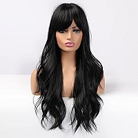 Piaou Black Wig With Bangs Long Black Wigs For Women Synthetic Wavy Wigs With Bangs Natural Color Heat Resistant Fiber Daily Cos