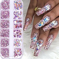 Belicey Nail Art Rhinestones Pink Ab Flatback Round Rhinestones Charms Nail Gem Stones With K9 Bling Glass Crystals Diamonds Jew