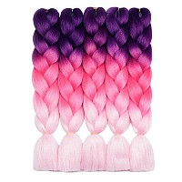 Aidusa Ombre Braiding Hair Purple To Pink Afro Jumbo Braiding Hair Extensions 5Pcs Synthetic 24 Inch 3 Tones For Women Twist Cro