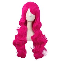 MapofBeauty 28 Inch/70 cm Charming Women Side Bangs Long Curly Full Hair Synthetic Wig (Hot Pink)