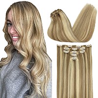 Doores Clip In Hair Extensions Human Hair 5Pcs 75G Balayage Light Blonde Highlighted Golden Blonde 14 Inch Human Hair Extension