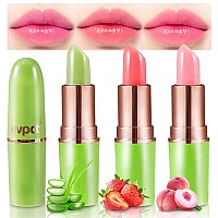 Evpct 3Pcs Aloe Vera Strawberry Peach Pink Color Changing Lipstick Tinted Lip Color Balm Gloss Tint Set Green Magic Ph Mood Kids