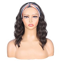 Symeiw Shoulder Length Medium Brown Wavy Headband Wig For Black Women Curly Half Wigs With Headband Attached Synthetic Wrap Wigs