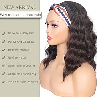 Symeiw Shoulder Length Medium Brown Wavy Headband Wig For Black Women Curly Half Wigs With Headband Attached Synthetic Wrap Wigs