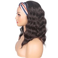 Symeiw Shoulder Length Medium Brown Wavy Headband Wig For Black Women Curly Half Wigs With Headband Attached Synthetic Wrap Wigs