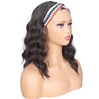 Symeiw Shoulder Length Medium Brown Wavy Headband Wig For Black Women Curly Half Wigs With Headband Attached Synthetic Wrap Wigs