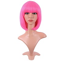 MapofBeauty 12 Inch /30 cm Fashion Lady Short Straight Synthetic Flat Bangs Bob Wig (Neon Pink)