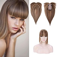 SEGO Topper Hair Piece 100% Remy Human Hair Toppers with Bangs for Women Hand-made Silk Base Clip in Topper Wiglets Hairpieces for Thinning Hair 12 Inch 4P27# Medium Brown&Dark Blonde 38g