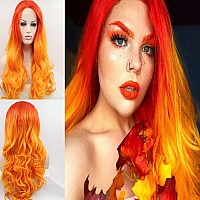 Xiweiya Ombre Orange Wigs Long Body Wave Synthetic Mixed Orange Ginger Body Wavy Synthetic Lace Front Wig Middle Part Red To Ora