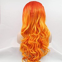 Xiweiya Ombre Orange Wigs Long Body Wave Synthetic Mixed Orange Ginger Body Wavy Synthetic Lace Front Wig Middle Part Red To Ora