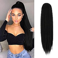 FESHFEN Long Straight Ponytail Extensions 24 inch Drawstring Pony Tails Natural Synthetic Hairpiece Clip in Ponytails Hairpieces for Women Girls, Natural Black