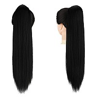 FESHFEN Long Straight Ponytail Extensions 24 inch Drawstring Pony Tails Natural Synthetic Hairpiece Clip in Ponytails Hairpieces for Women Girls, Natural Black