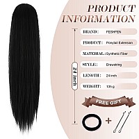 FESHFEN Long Straight Ponytail Extensions 24 inch Drawstring Pony Tails Natural Synthetic Hairpiece Clip in Ponytails Hairpieces for Women Girls, Natural Black