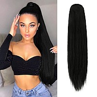 FESHFEN Long Straight Ponytail Extensions 28 inch Drawstring Pony Tails Natural Synthetic Hairpiece Clip in Ponytails Hairpieces for Women Girls, Natural Black