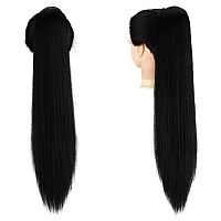 FESHFEN Long Straight Ponytail Extensions 28 inch Drawstring Pony Tails Natural Synthetic Hairpiece Clip in Ponytails Hairpieces for Women Girls, Natural Black