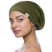 YANIBEST 100% Mulberry Silk Lined Sleep Cap Silk Bonnet for Sleeping - Olive Green Hair Cover Bonnet for Natural Hair Adjustable Slouchy Beanie Hat