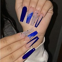 YOSOMK Ballerina Extra Long Press on Nails with Designs Blue False Fake Acrylic Nails Press On Coffin Artificial Nails for Women Stick on Nails With Glue on Static nails