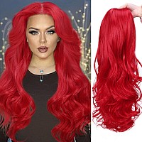 Quantum Love Long Red Wavy Wig For Women Middle Part Natural Looking Curly Hair Mermaid Red Synthetic Heat Resistant Fibre Wigs