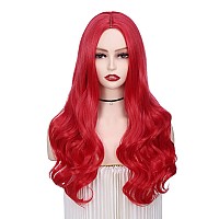 Quantum Love Long Red Wavy Wig For Women Middle Part Natural Looking Curly Hair Mermaid Red Synthetic Heat Resistant Fibre Wigs