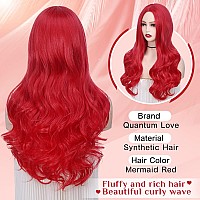 Quantum Love Long Red Wavy Wig For Women Middle Part Natural Looking Curly Hair Mermaid Red Synthetic Heat Resistant Fibre Wigs