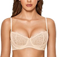 DOBREVA Womens Sexy Lace Push Up Plus Size Bra Sheer Balconette Underwire Unlined Beige 42E