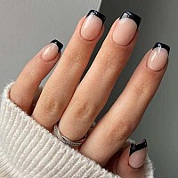 Foccna French Falsefake Nails Tips Square Press On Short Nude Womens Black Daily Wear Artificail Nails For Nail Art Manicure D