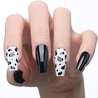 Mqpq Black Cow Print Press On Nails Medium Coffin Fake Nails Art Pattern Design 24Pc Glossy Full Cover False Nails For Women