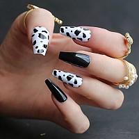 Mqpq Black Cow Print Press On Nails Medium Coffin Fake Nails Art Pattern Design 24Pc Glossy Full Cover False Nails For Women