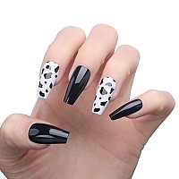 Mqpq Black Cow Print Press On Nails Medium Coffin Fake Nails Art Pattern Design 24Pc Glossy Full Cover False Nails For Women