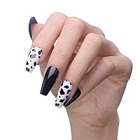 Mqpq Black Cow Print Press On Nails Medium Coffin Fake Nails Art Pattern Design 24Pc Glossy Full Cover False Nails For Women