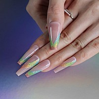 Mqpq Rainbow Pink Press On Nails Long Coffin Colorful Gradient Glitter Bling Fake Nails 24Pcs Glossy Acrylic False Nails For Wom