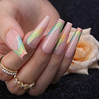 Mqpq Rainbow Pink Press On Nails Long Coffin Colorful Gradient Glitter Bling Fake Nails 24Pcs Glossy Acrylic False Nails For Wom