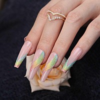 Mqpq Rainbow Pink Press On Nails Long Coffin Colorful Gradient Glitter Bling Fake Nails 24Pcs Glossy Acrylic False Nails For Wom