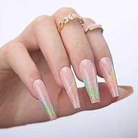 Mqpq Rainbow Pink Press On Nails Long Coffin Colorful Gradient Glitter Bling Fake Nails 24Pcs Glossy Acrylic False Nails For Wom