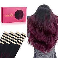 Wennalife Tape In Hair Extensions Human Hair 20Pcs 50G 14 Inch Ombre Jet Black To Burgundy Remy Hair Extensions Straight Human