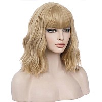 Beron 14 Inches Blonde Wig Short Curly Wig Women Girls Synthetic Wig Ash Blonde Wig With Bangs Wig Cap Included