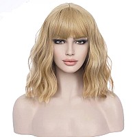 Beron 14 Inches Blonde Wig Short Curly Wig Women Girls Synthetic Wig Ash Blonde Wig With Bangs Wig Cap Included