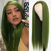 Qdtizer Green Hair Color Synthetic Hair No Lace Wigs For Fashion Women Olive Green Long Straight Hair Wig Heat Resistant Fiber