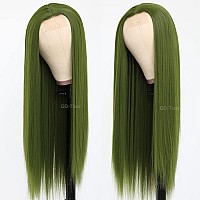 Qdtizer Green Hair Color Synthetic Hair No Lace Wigs For Fashion Women Olive Green Long Straight Hair Wig Heat Resistant Fiber