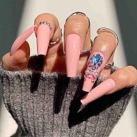 Outyua 3D Rhinstone Designer Press On Nails With Design Shimmer Coffin Extra Long Fake Nails Ballerina Pink Super Long False Nai