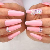 Outyua 3D Rhinstone Designer Press On Nails With Design Shimmer Coffin Extra Long Fake Nails Ballerina Pink Super Long False Nai