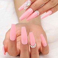 Outyua 3D Rhinstone Designer Press On Nails With Design Shimmer Coffin Extra Long Fake Nails Ballerina Pink Super Long False Nai