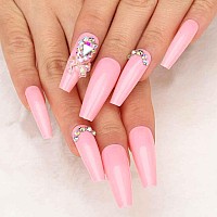 Outyua 3D Rhinstone Designer Press On Nails With Design Shimmer Coffin Extra Long Fake Nails Ballerina Pink Super Long False Nai