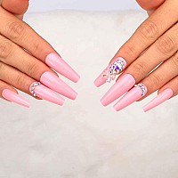 Outyua 3D Rhinstone Designer Press On Nails With Design Shimmer Coffin Extra Long Fake Nails Ballerina Pink Super Long False Nai