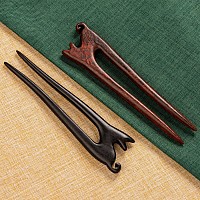 Noverlife 2Pcs U Shape Wooden Hair Sticks Handmade Carved Ebony Sandalwood French Hair Forks With Cute Cat Kitty Design 2Pro