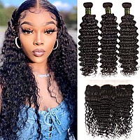 Brazilian Deep Wave Bundles With Frontal 100 Unprocessed Virgin Human Hair Ear To Ear Lace Frontal With Bundles Human Hair Exte