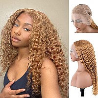 Bly Light Brown Colored 10A Human Hair Blonde Wig Lace Front For Women 13X4 Hd Transparent Pre Plucked Deep Wave Curly Glueless