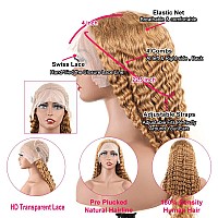 Bly Light Brown Colored 10A Human Hair Blonde Wig Lace Front For Women 13X4 Hd Transparent Pre Plucked Deep Wave Curly Glueless